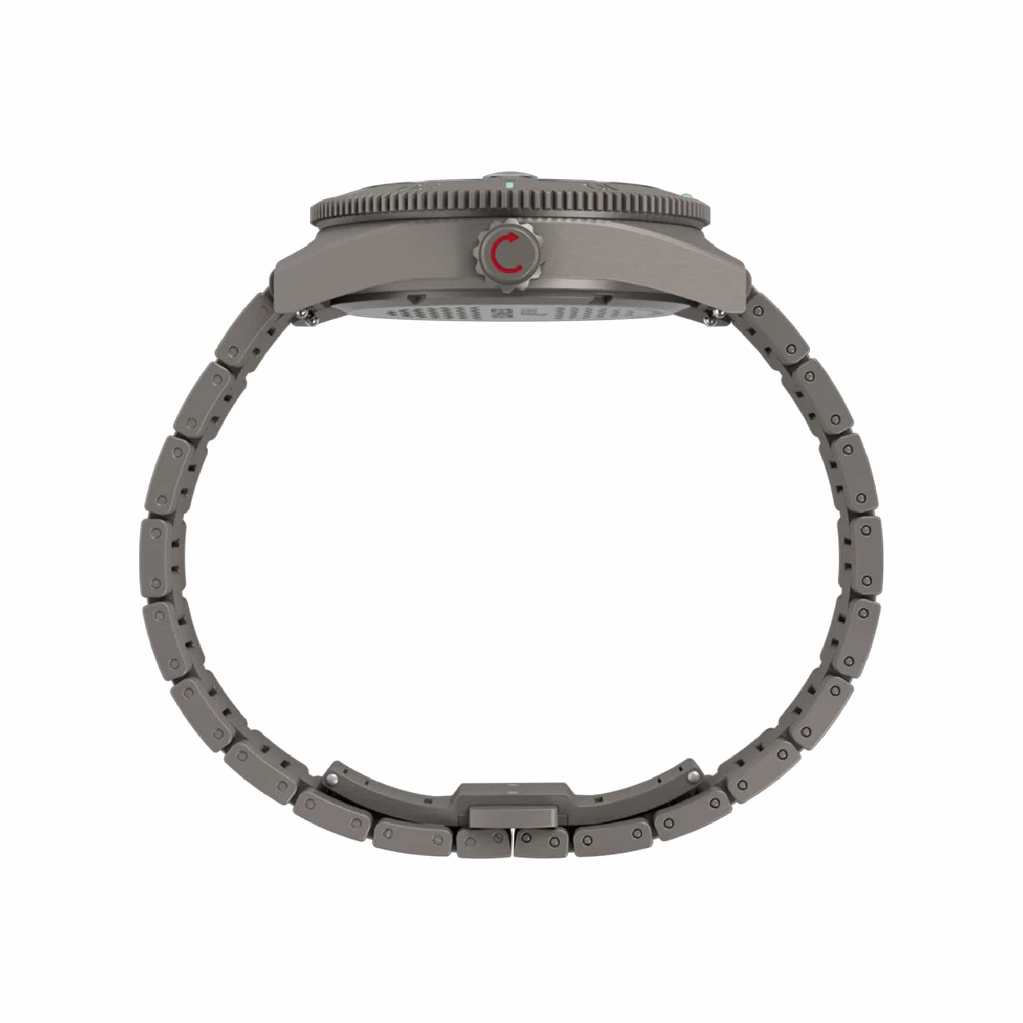 Side profile - Timex Deepwater Reef 200 Titanium Automatic men’s watch with black dial, brushed titanium bracelet, and 41mm titanium case featuring a unidirectional dive bezel in a rugged professional dive watch design.