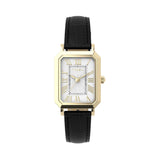 Timex Vivienne Trend women’s watch with white dial, black leather strap, and 21mm gold-tone rectangular case in a classic vintage-inspired dress watch design.