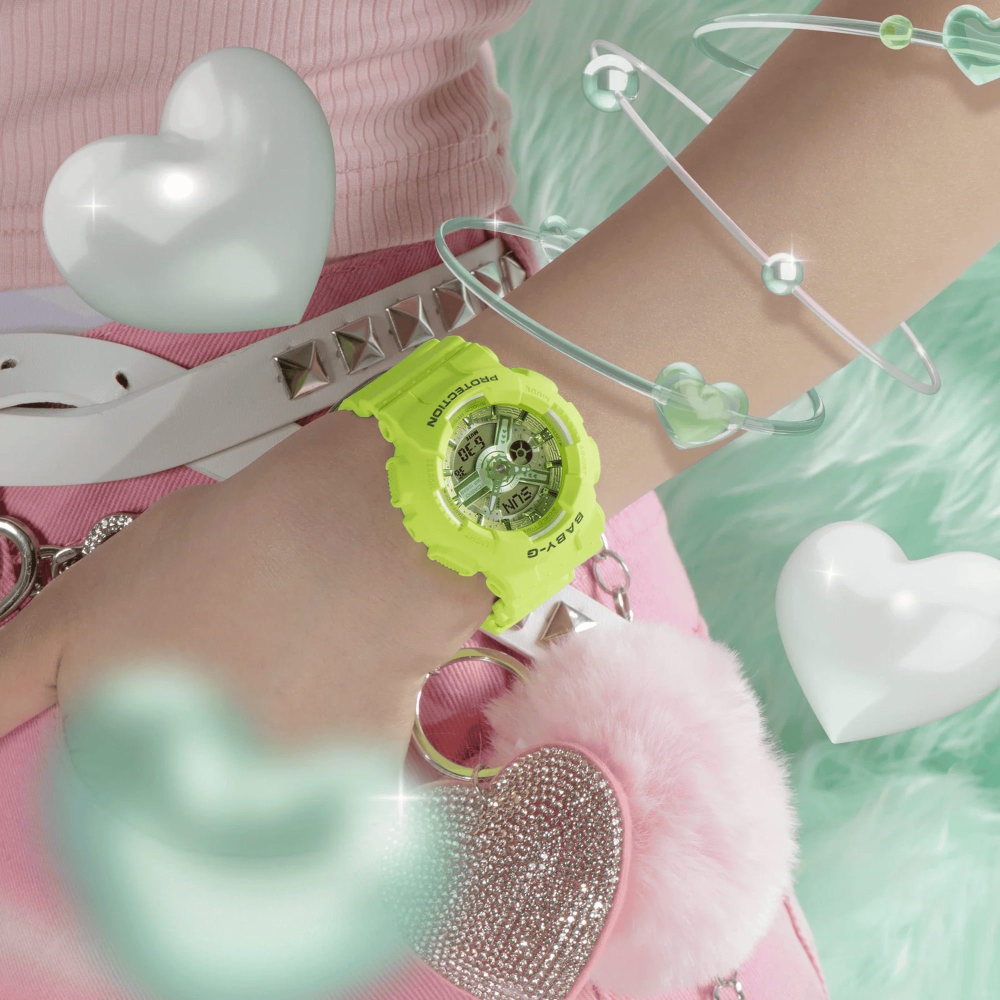 Casio BABY-G BA110TK-3AD analogue digital watch with green resin band, green dial, LED light, and shock-resistant Y2K-inspired design - on hand