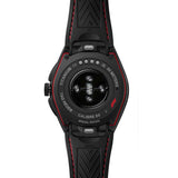 Back of Black Tag Hauer smartwatch with red accents