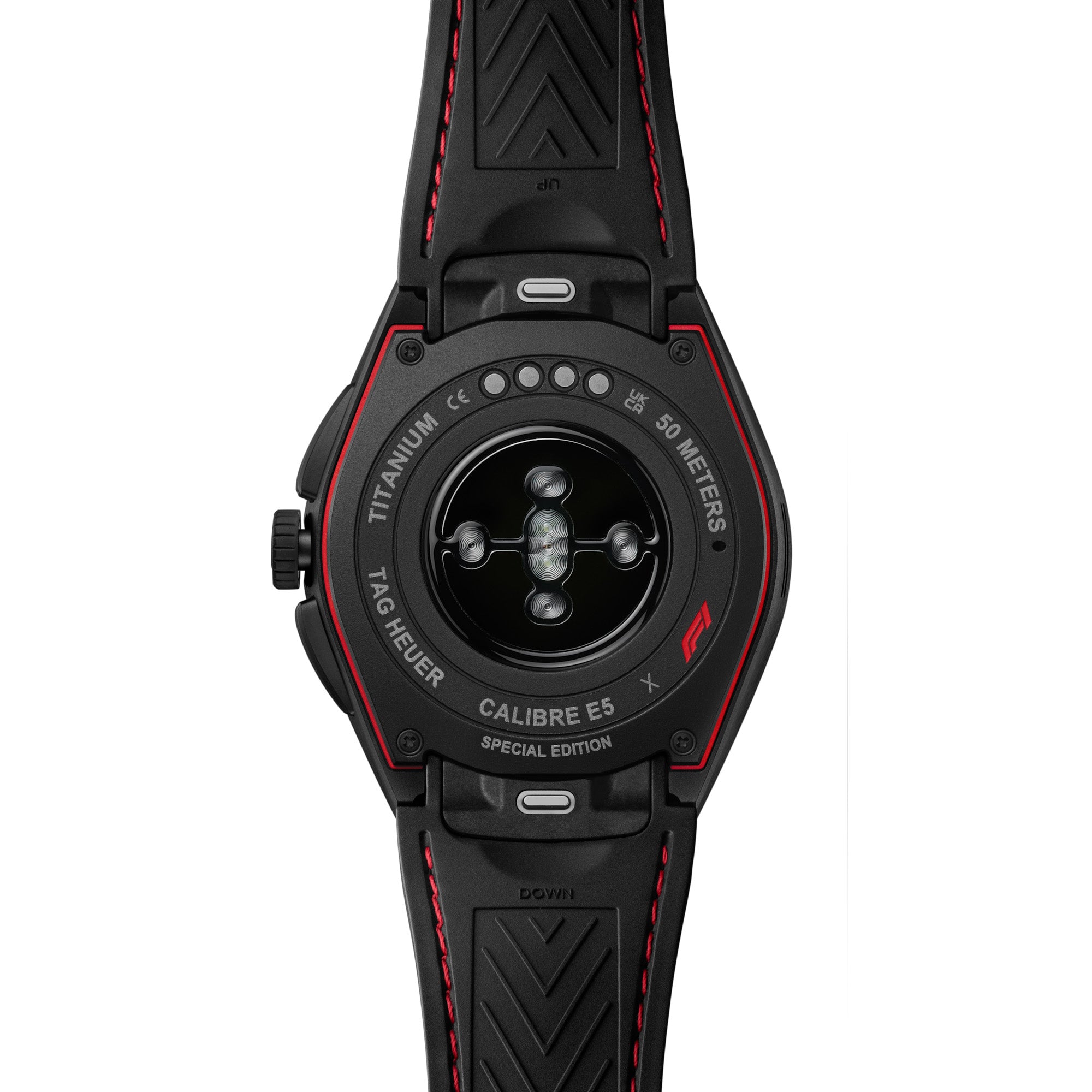 Back of Black Tag Hauer smartwatch with red accents