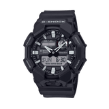 Casio G-SHOCK GA010-1AD analogue digital men's watch with black resin band, black dial, LED light, and shock-resistant carbon core design.