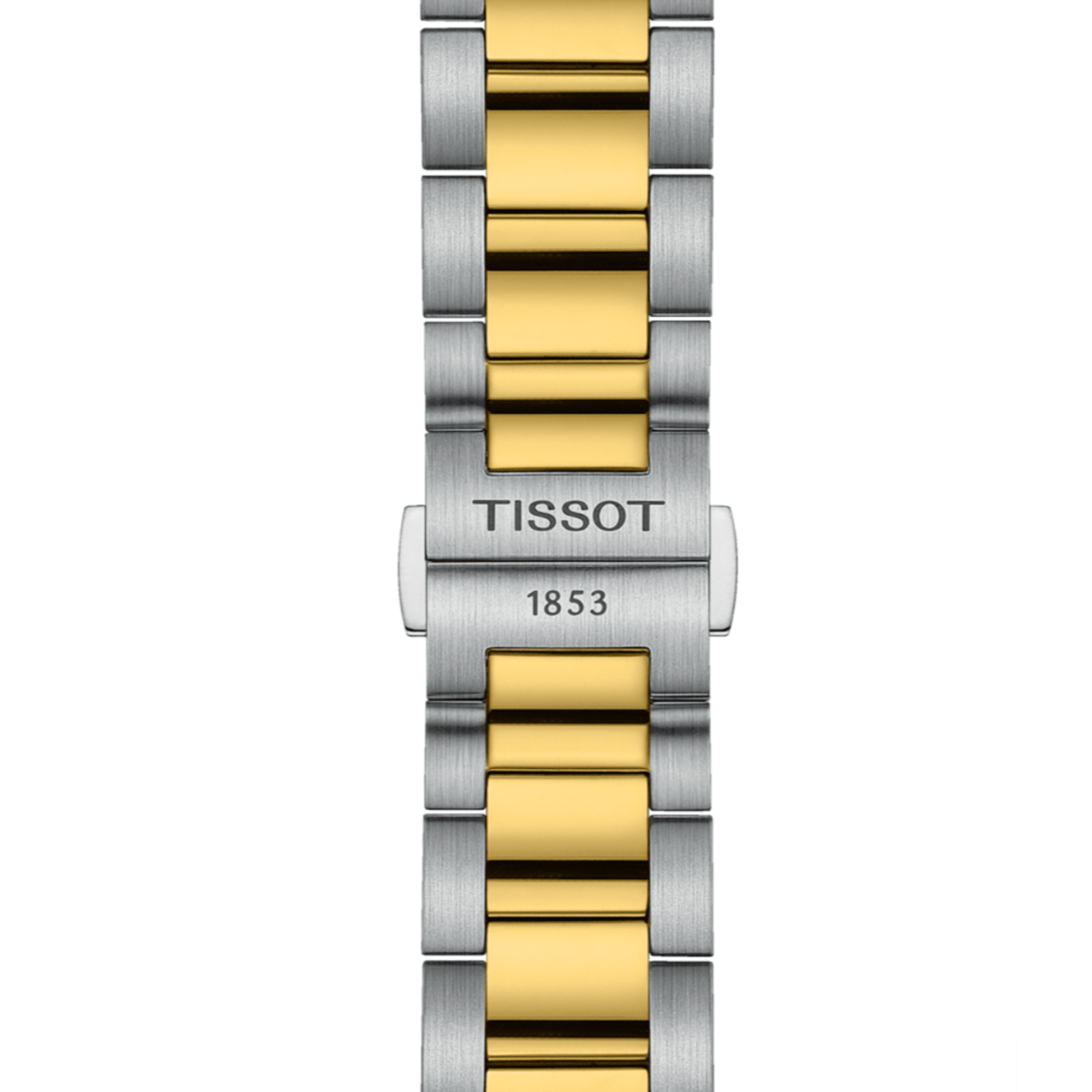 Bracelet - Tissot PR100 Men's 40mm quartz chronograph watch featuring stainless steel and yellow gold IP bracelet, silver dial, Tachymeter Bezel, and Date Display.
