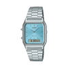 Casio Vintage AQ230A-2A1 watch front view, featuring a rectangular octagonal stainless steel case with polished silver-tone bezel, clean ice blue dial with slim line indices, analogue hands, and a lower digital LCD window displaying time and day-date.