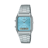 Casio Vintage AQ230A-2A1 watch front view, featuring a rectangular octagonal stainless steel case with polished silver-tone bezel, clean ice blue dial with slim line indices, analogue hands, and a lower digital LCD window displaying time and day-date.