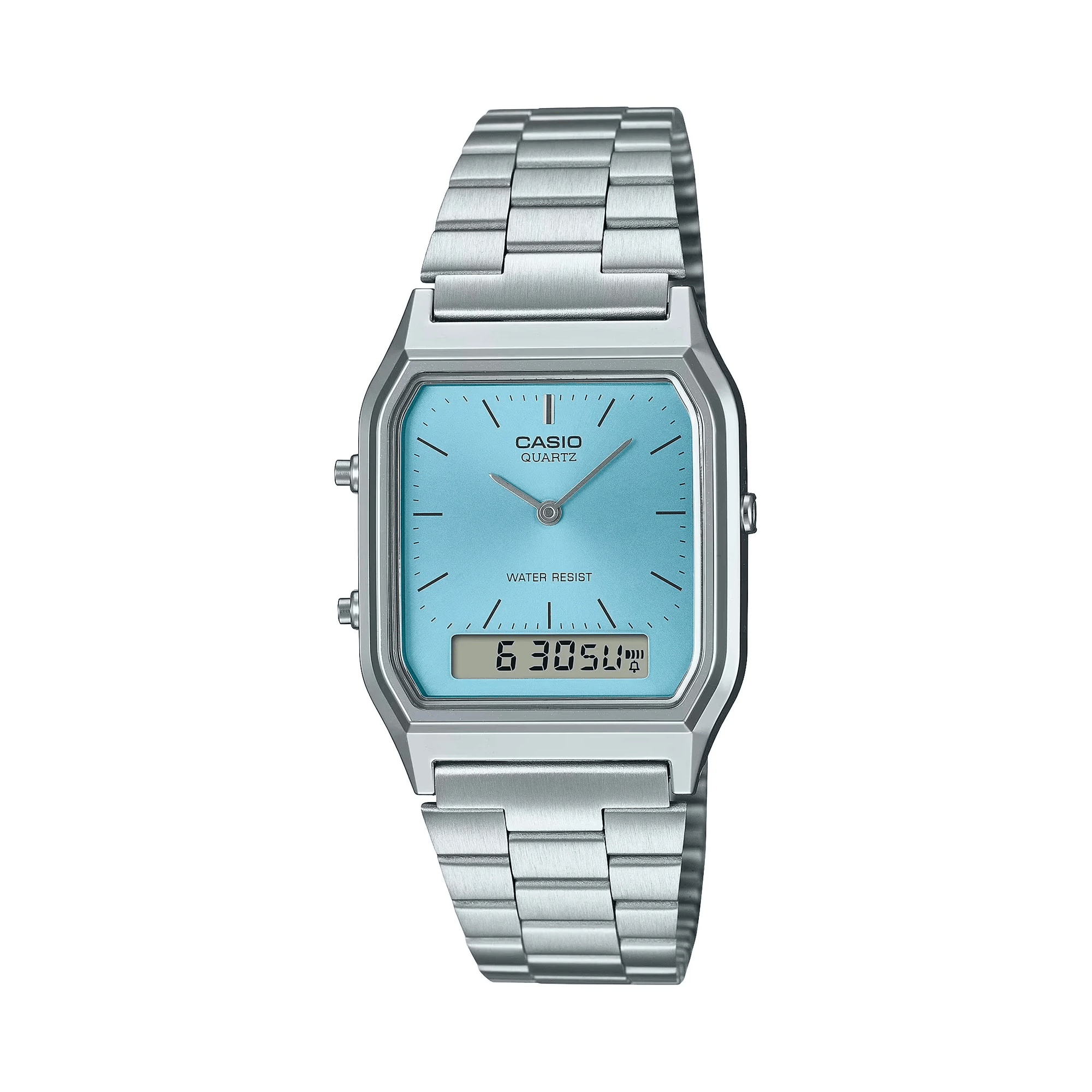 Casio Vintage AQ230A-2A1 watch front view, featuring a rectangular octagonal stainless steel case with polished silver-tone bezel, clean ice blue dial with slim line indices, analogue hands, and a lower digital LCD window displaying time and day-date.