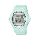 Casio BABY-G BG169U-3D digital watch with green resin band, compact round case, and shock-resistant sporty design.
