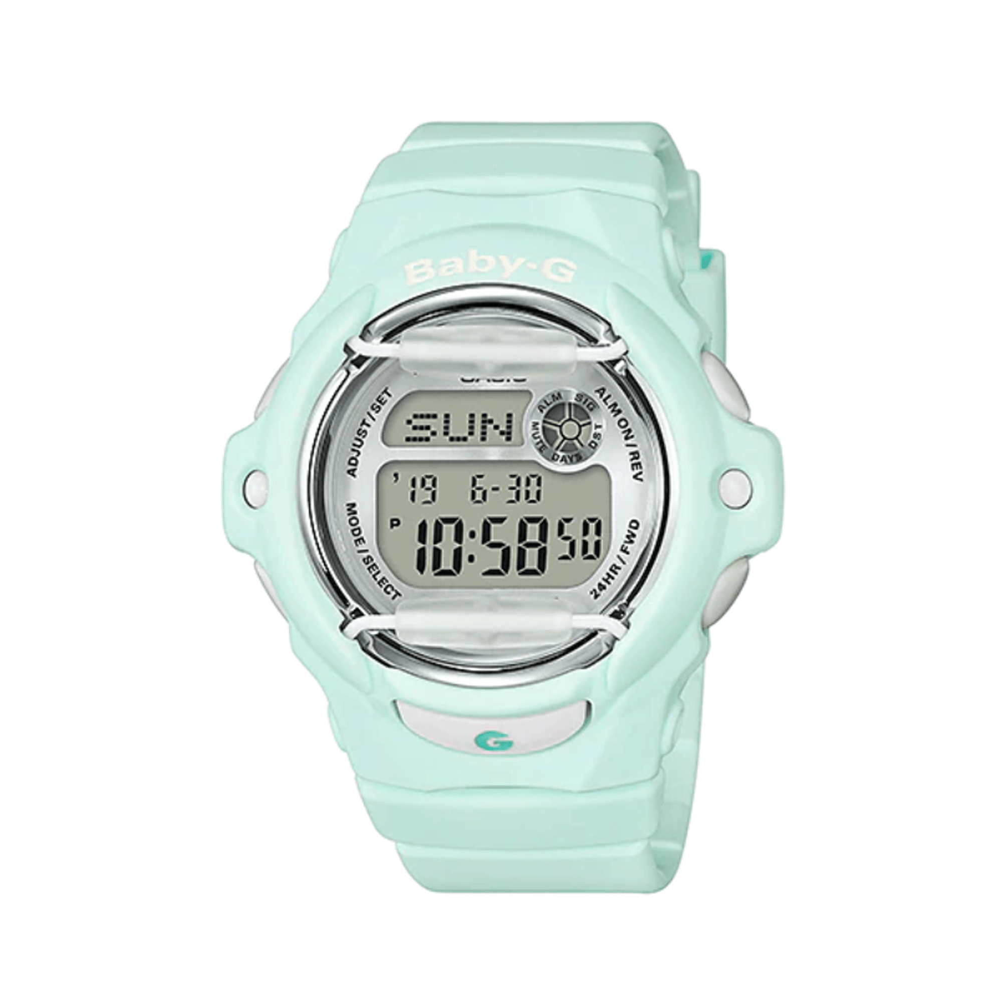 Casio BABY-G BG169U-3D digital watch with green resin band, compact round case, and shock-resistant sporty design.