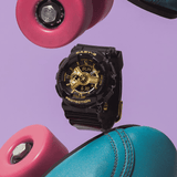 Casio Baby-G BA110X-1A women's watch front view, featuring a 46.3mm all-black round resin case with a deeply layered three-dimensional dial, gear-inspired index markings, analogue hands, and a lower digital LCD display window.