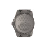 Case - Timex Deepwater Reef 200 Titanium Automatic men’s watch with black dial, brushed titanium bracelet, and 41mm titanium case featuring a unidirectional dive bezel in a rugged professional dive watch design.