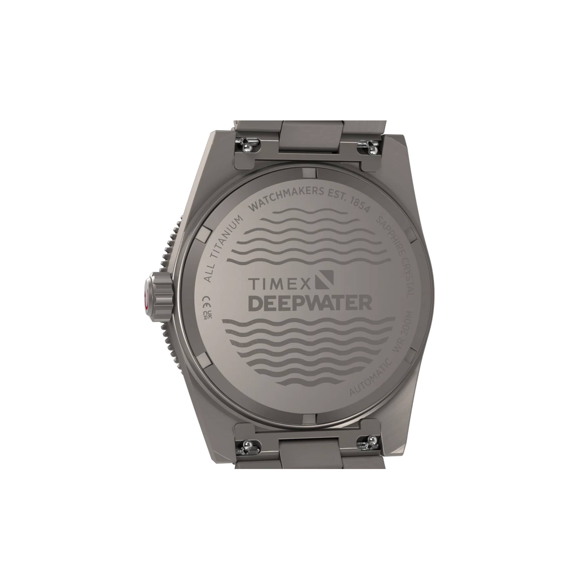 Case - Timex Deepwater Reef 200 Titanium Automatic men’s watch with black dial, brushed titanium bracelet, and 41mm titanium case featuring a unidirectional dive bezel in a rugged professional dive watch design.