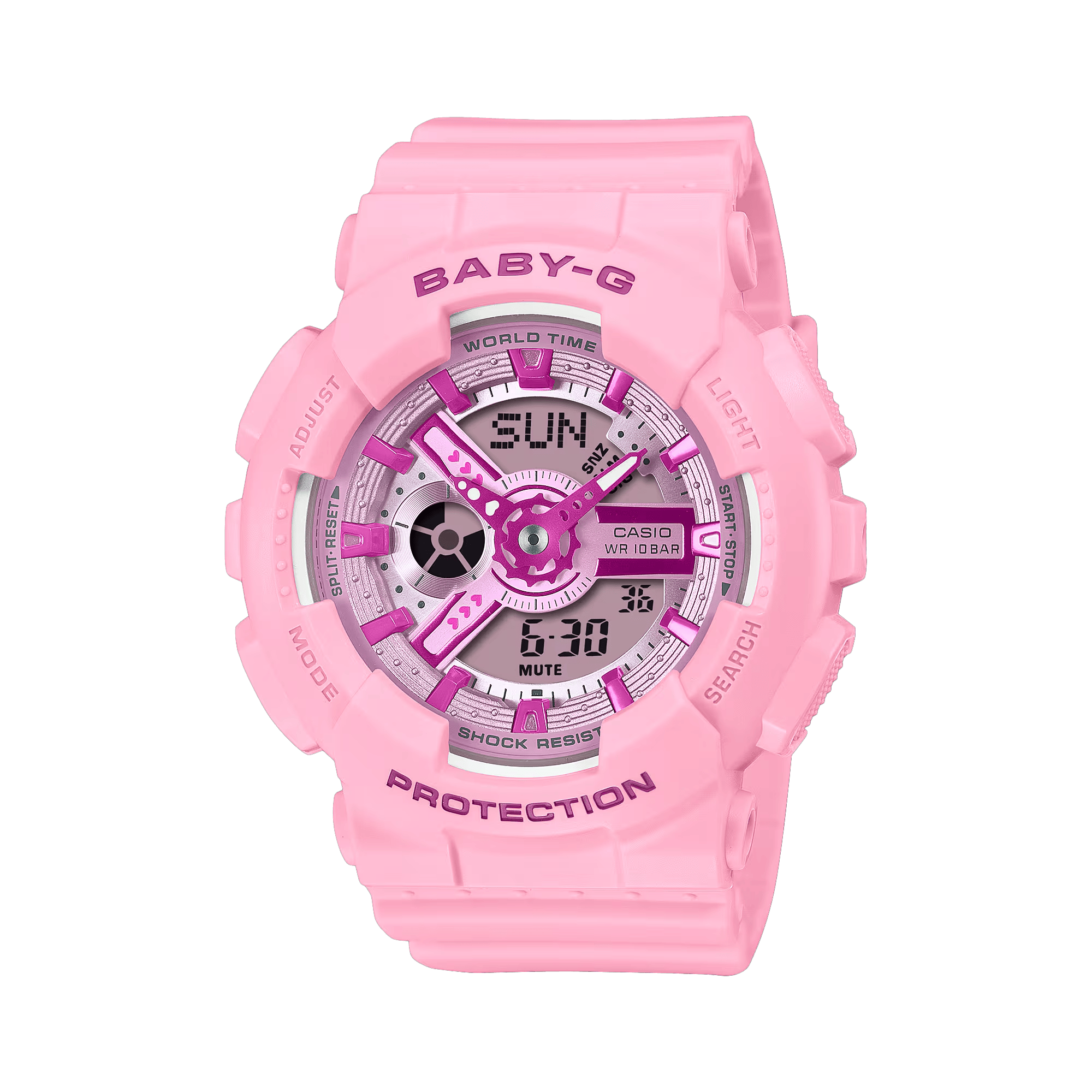 Casio BABY-G BA110YK-4AD analogue digital watch with pink resin band, pink dial, LED light, and shock-resistant Y2K-inspired design.