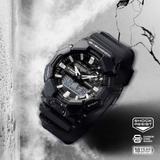 Casio G-SHOCK GA010-1AD analogue digital men's watch with black resin band, black dial, LED light, and shock-resistant carbon core design.