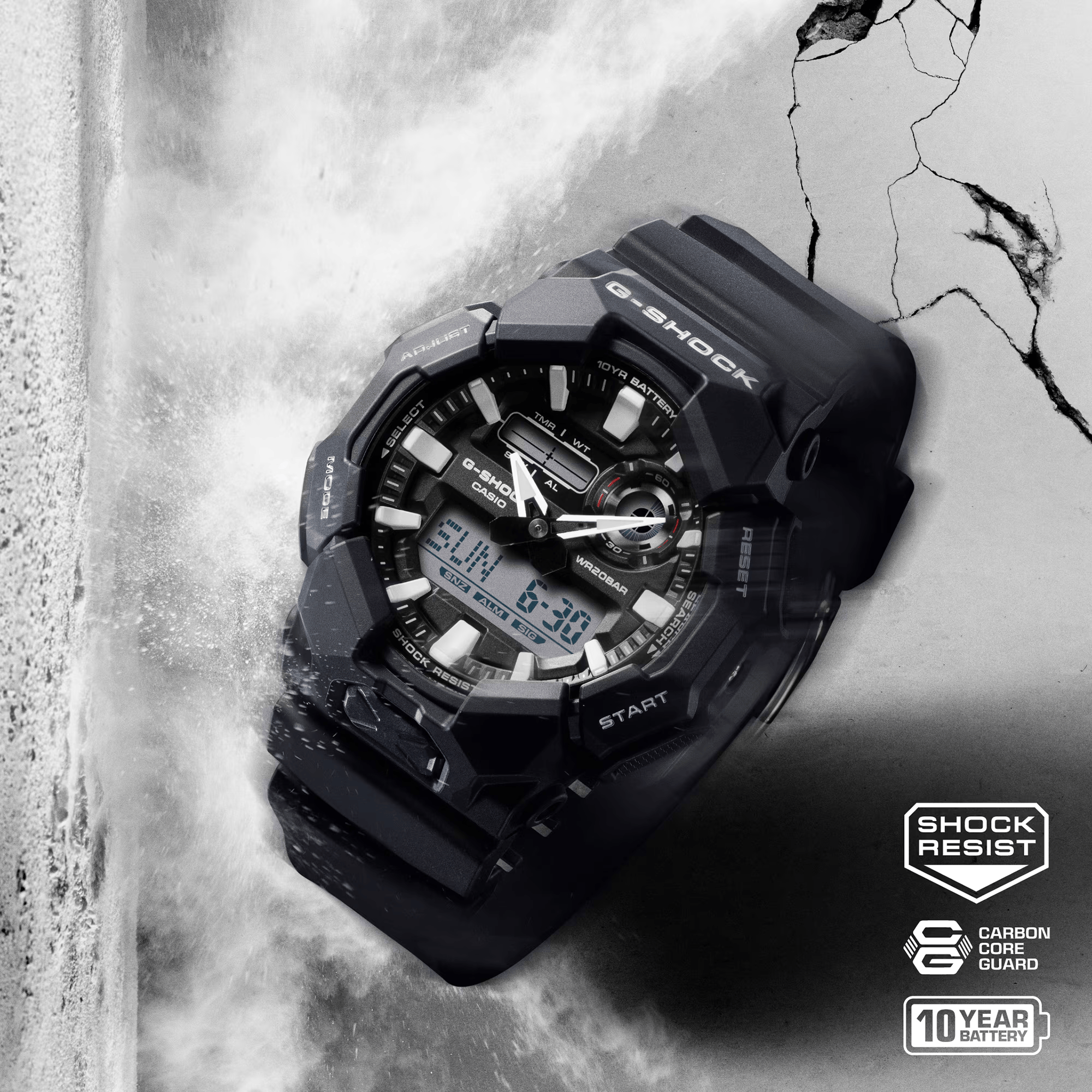 Casio G-SHOCK GA010-1AD analogue digital men's watch with black resin band, black dial, LED light, and shock-resistant carbon core design.