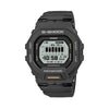 Casio G-Shock G-Squad GBD200-1A1 watch front view, featuring an all-black square resin case with positive mode MIP LCD display, orange accent on the lower button, honeycomb-patterned lens, and G-Shock branding, measuring 48.4mm x 45.9mm.