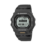 Casio G-Shock G-Squad GBD200-1A1 watch front view, featuring an all-black square resin case with positive mode MIP LCD display, orange accent on the lower button, honeycomb-patterned lens, and G-Shock branding, measuring 48.4mm x 45.9mm.