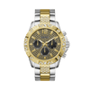 The Guess Majestic GW0796G3 is shown face-on, highlighting its 48mm two-tone case and black crystal-embellished dial. The crystal-set bezel frames the dial for a bold, statement-making finish.