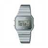 Casio Vintage A700WEV-7A front view, showcasing the ultra-slim 6mm monochromatic silver rectangular case with chrome-plated resin finish, clean silver digital LCD dial, and self-adjustable stainless steel bracelet — pure Casio Vintage sophistication at its most refined.