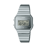 Casio Vintage A700WEV-7A front view, showcasing the ultra-slim 6mm monochromatic silver rectangular case with chrome-plated resin finish, clean silver digital LCD dial, and self-adjustable stainless steel bracelet — pure Casio Vintage sophistication at its most refined.