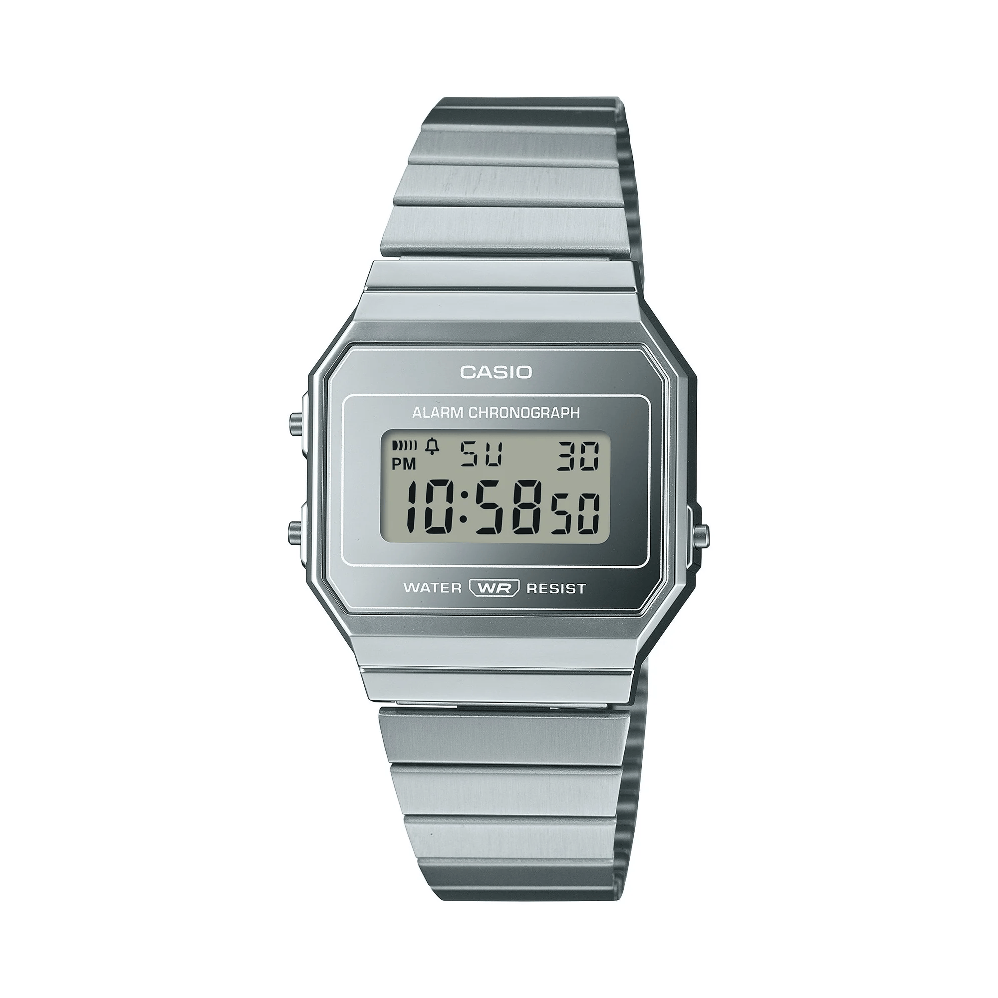 Casio Vintage A700WEV-7A front view, showcasing the ultra-slim 6mm monochromatic silver rectangular case with chrome-plated resin finish, clean silver digital LCD dial, and self-adjustable stainless steel bracelet — pure Casio Vintage sophistication at its most refined.