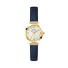 The Guess GW0614L5 is shown face-on, highlighting its 28mm gold-tone case and white dial. Crystal detailing surrounds the case for a subtle, sparkling finish.