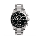 Tissot PRS 516 Men's 40mm quartz chronograph watch featuring stainless steel bracelet, black dial, Tachymeter Bezel, and Date Display.
