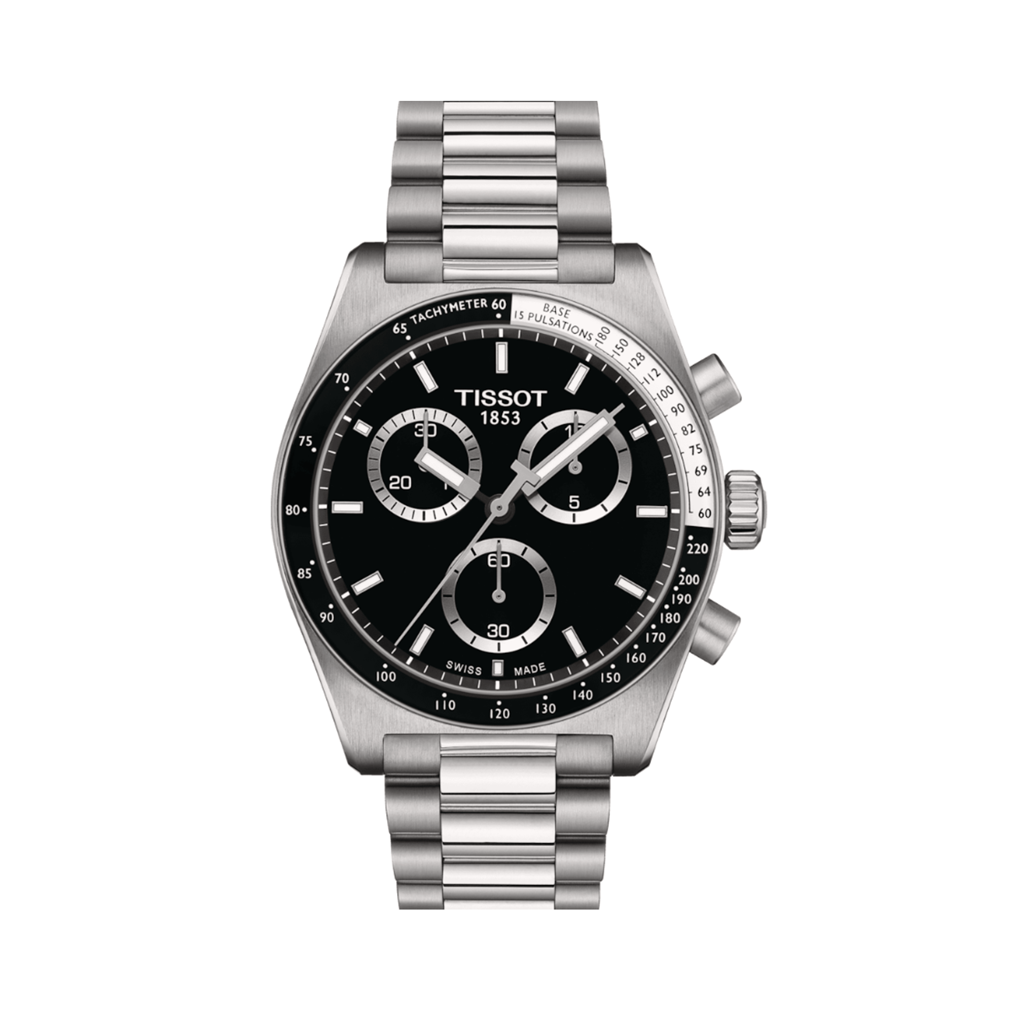 Tissot PRS 516 Men's 40mm quartz chronograph watch featuring stainless steel bracelet, black dial, Tachymeter Bezel, and Date Display.