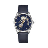 A Hamilton Jazzmaster Men's 42mm automatic watch with a midnight blue dial and a blue leather strap.