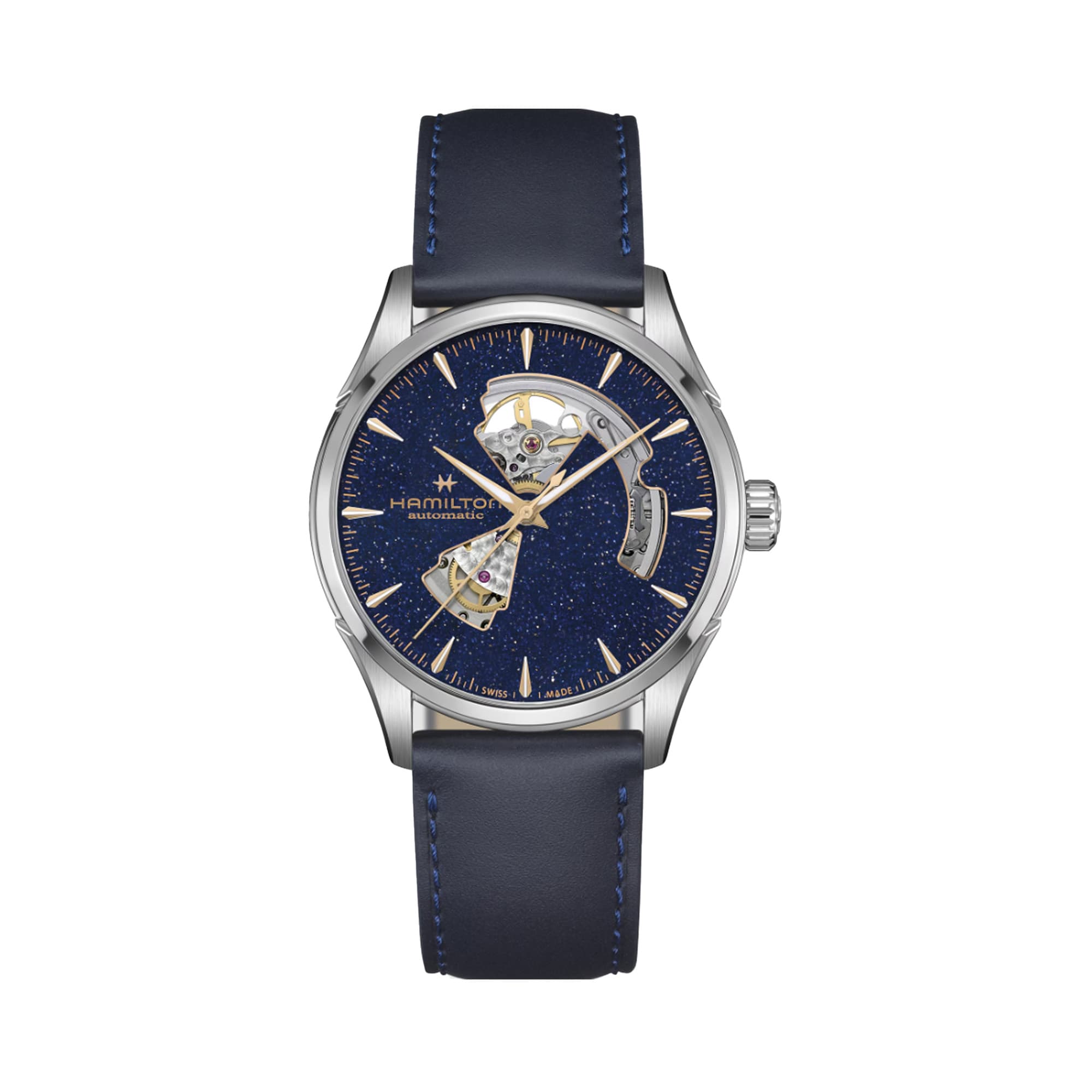 A Hamilton Jazzmaster Men's 42mm automatic watch with a midnight blue dial and a blue leather strap.