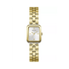 The Guess Isla GW0865L2 is shown face-on, highlighting its 22mm gold-tone tank case and silver dial. Gold-tone hour markers and hands add a refined, easy-to-read detail.