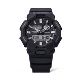 Casio G-SHOCK GA010-1AD analogue digital men's watch with black resin band, black dial, LED light, and shock-resistant carbon core design.