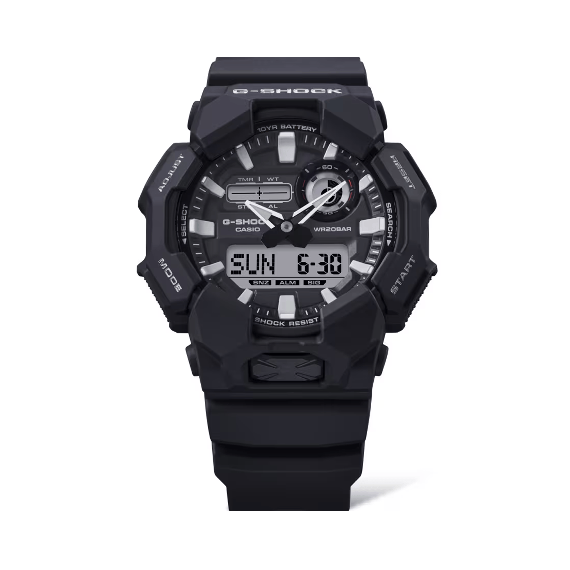 Casio G-SHOCK GA010-1AD analogue digital men's watch with black resin band, black dial, LED light, and shock-resistant carbon core design.
