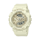 Casio G-SHOCK GMA-S110ST-7 analogue digital watch with white resin band, metallic dial accents, and shock-resistant sporty design.