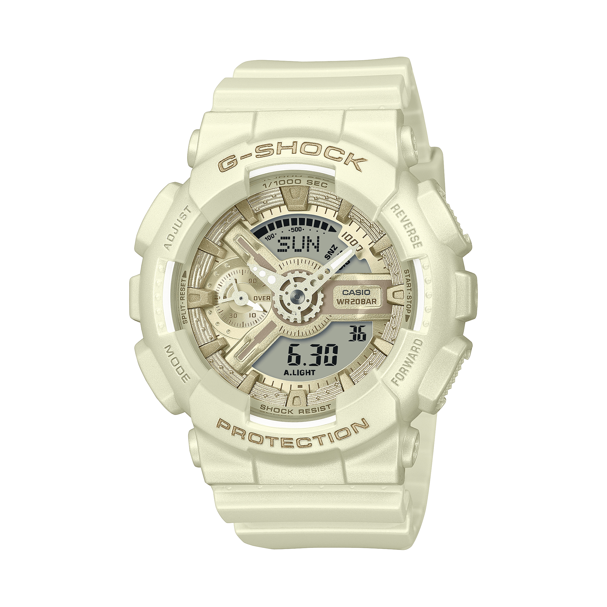 Casio G-SHOCK GMA-S110ST-7 analogue digital watch with white resin band, metallic dial accents, and shock-resistant sporty design.