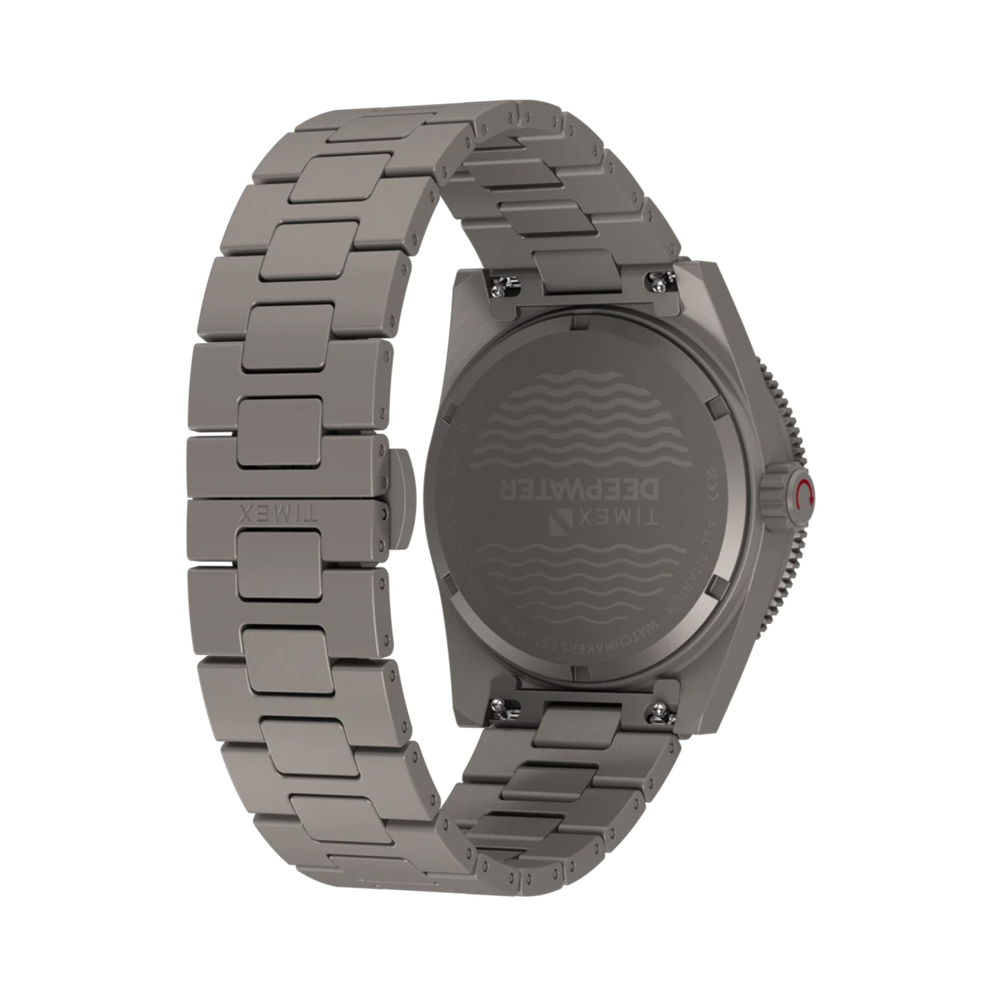 Back of case - Timex Deepwater Reef 200 Titanium Automatic men’s watch with black dial, brushed titanium bracelet, and 41mm titanium case featuring a unidirectional dive bezel in a rugged professional dive watch design.