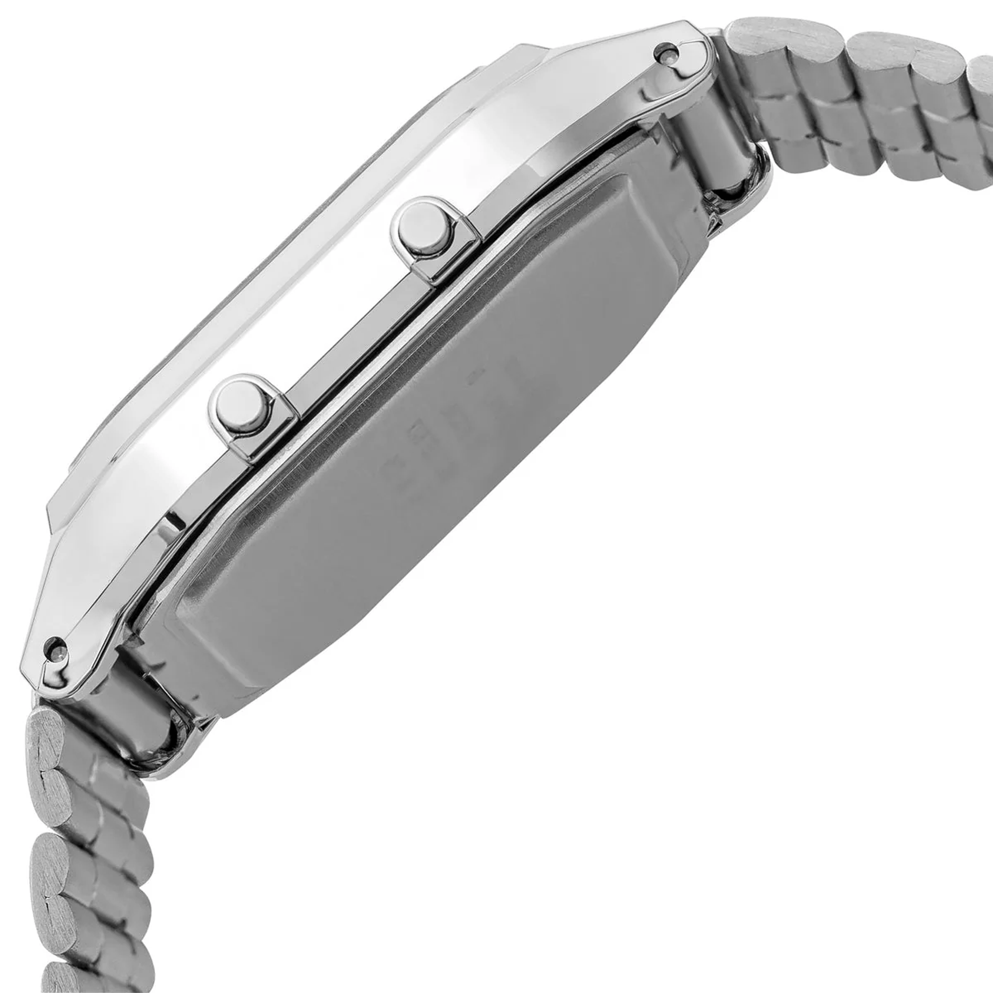 Casio Vintage AQ230A-2A1 watch rear view showing the solid stainless steel case back engraved with Casio branding, model reference, and water resistance rating, reflecting the watch's durable everyday construction.