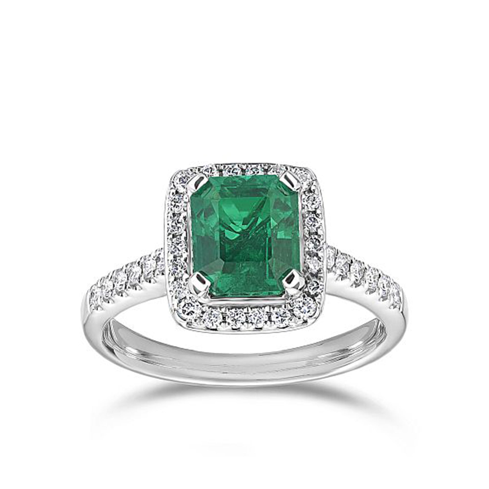 Emerald and Diamond Halo Ring in 18ct White Gold
