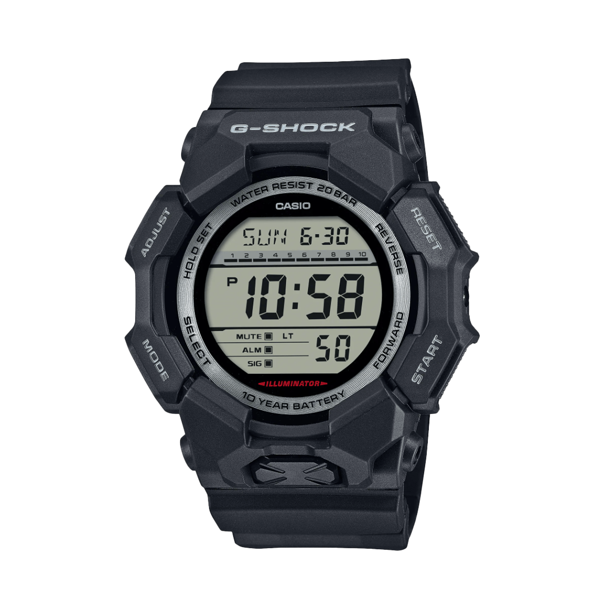 Casio G-SHOCK GD010-1DR digital watch featuring black bio-based resin band and case, LCD display, LED backlight, and shock-resistant design.
