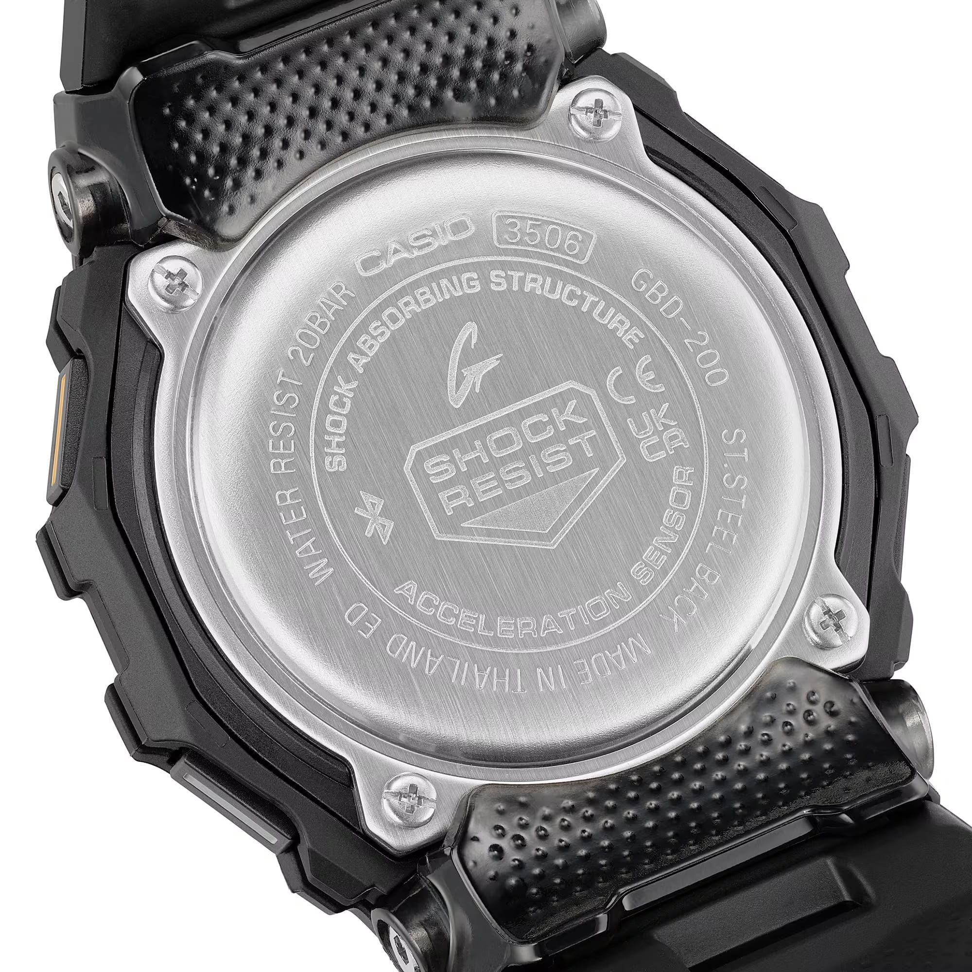 Casio G-Shock G-Squad GBD200-1A1 watch rear view showing the resin case back with G-Shock and G-Squad branding, confirming shock-resistant and 200-metre water-resistant construction.