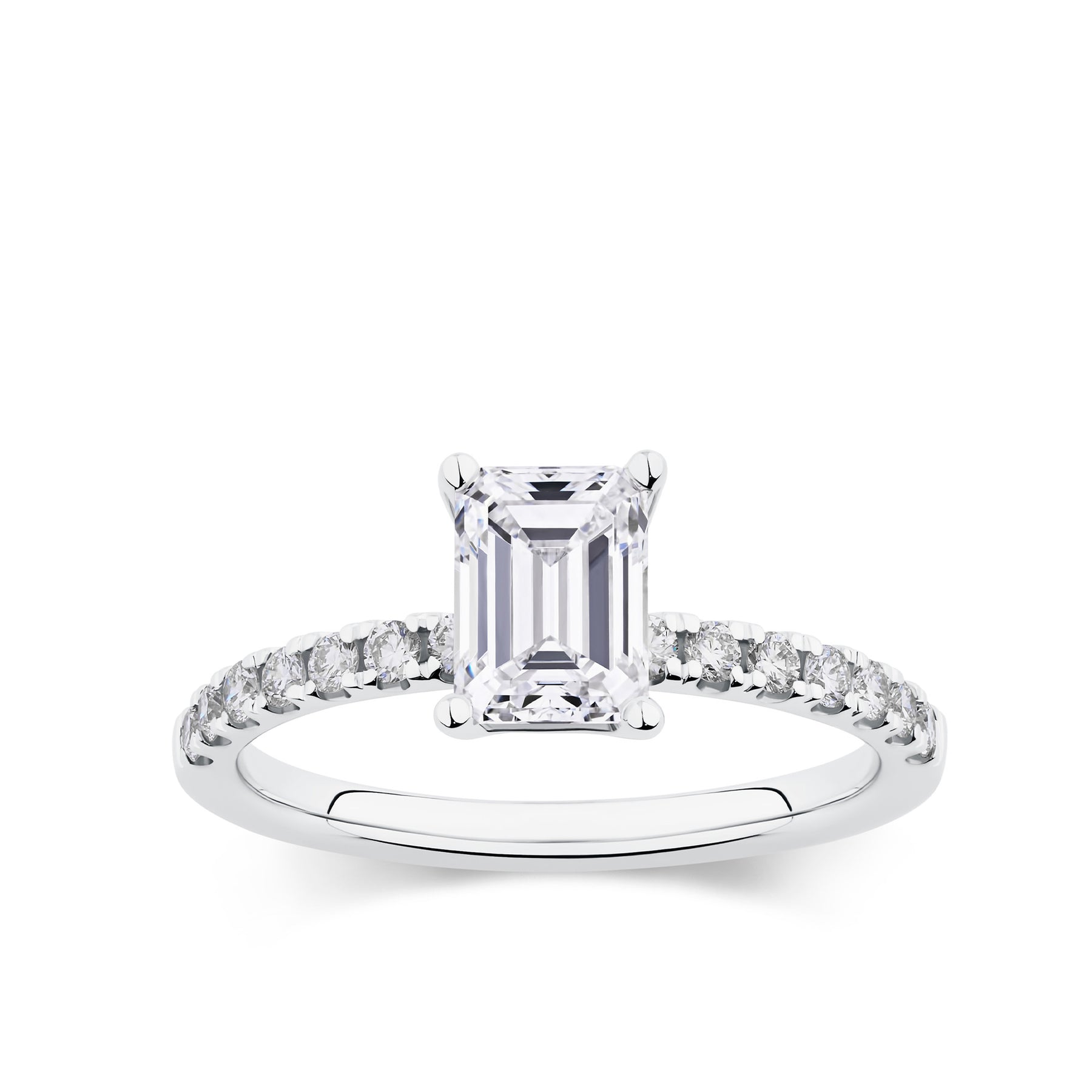 Everlasting 1.58ct TW Emerald Cut Lab-Grown Diamond Solitaire Pave Band Engagement Ring in 18ct White Gold