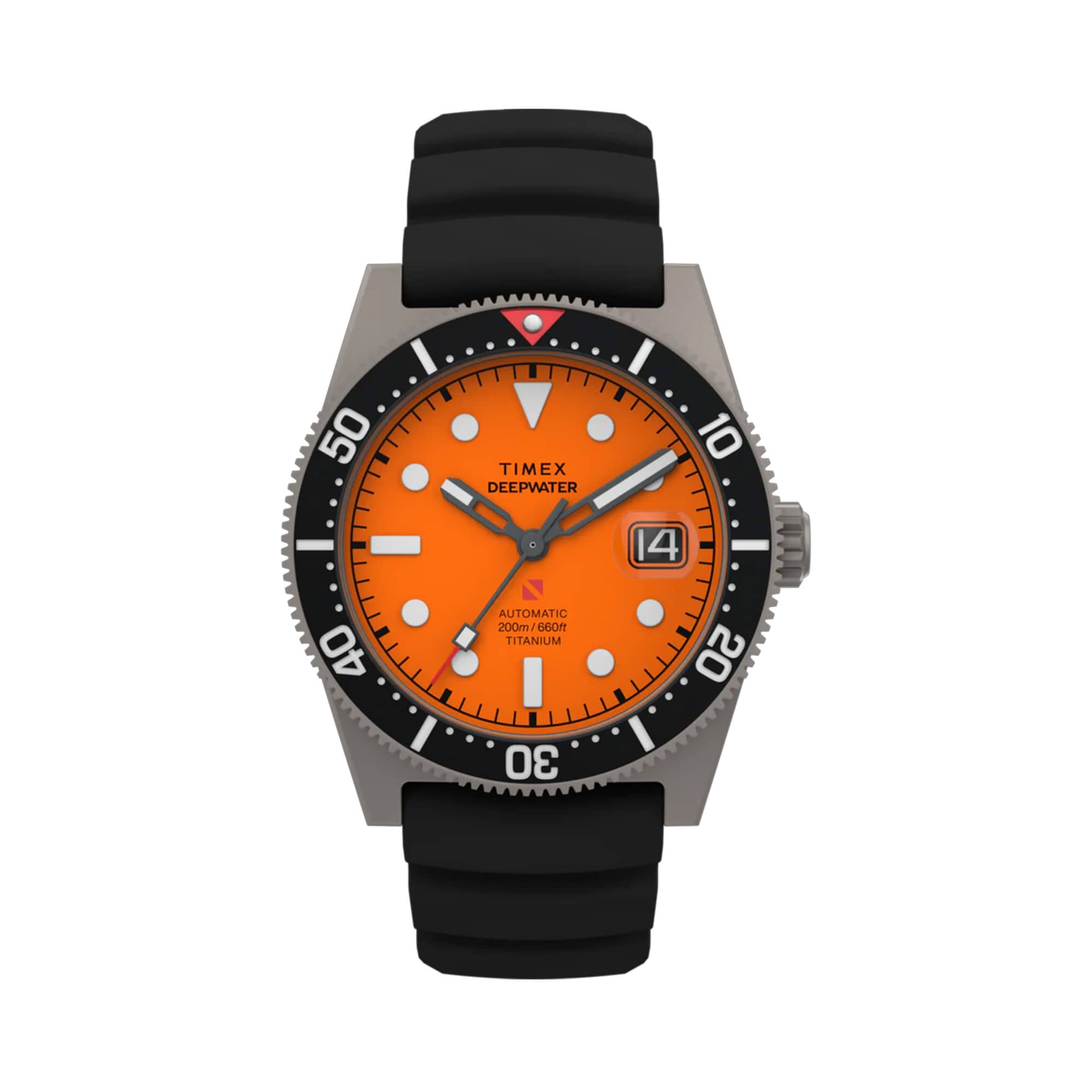 Timex Deepwater Reef 200 Titanium Automatic men’s watch with orange dial, black HNBR synthetic rubber strap, and brushed 41mm titanium case featuring a unidirectional dive bezel in a rugged professional dive watch design.