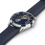 A Hamilton Jazzmaster Men's 42mm automatic watch with a midnight blue dial and a blue leather strap.