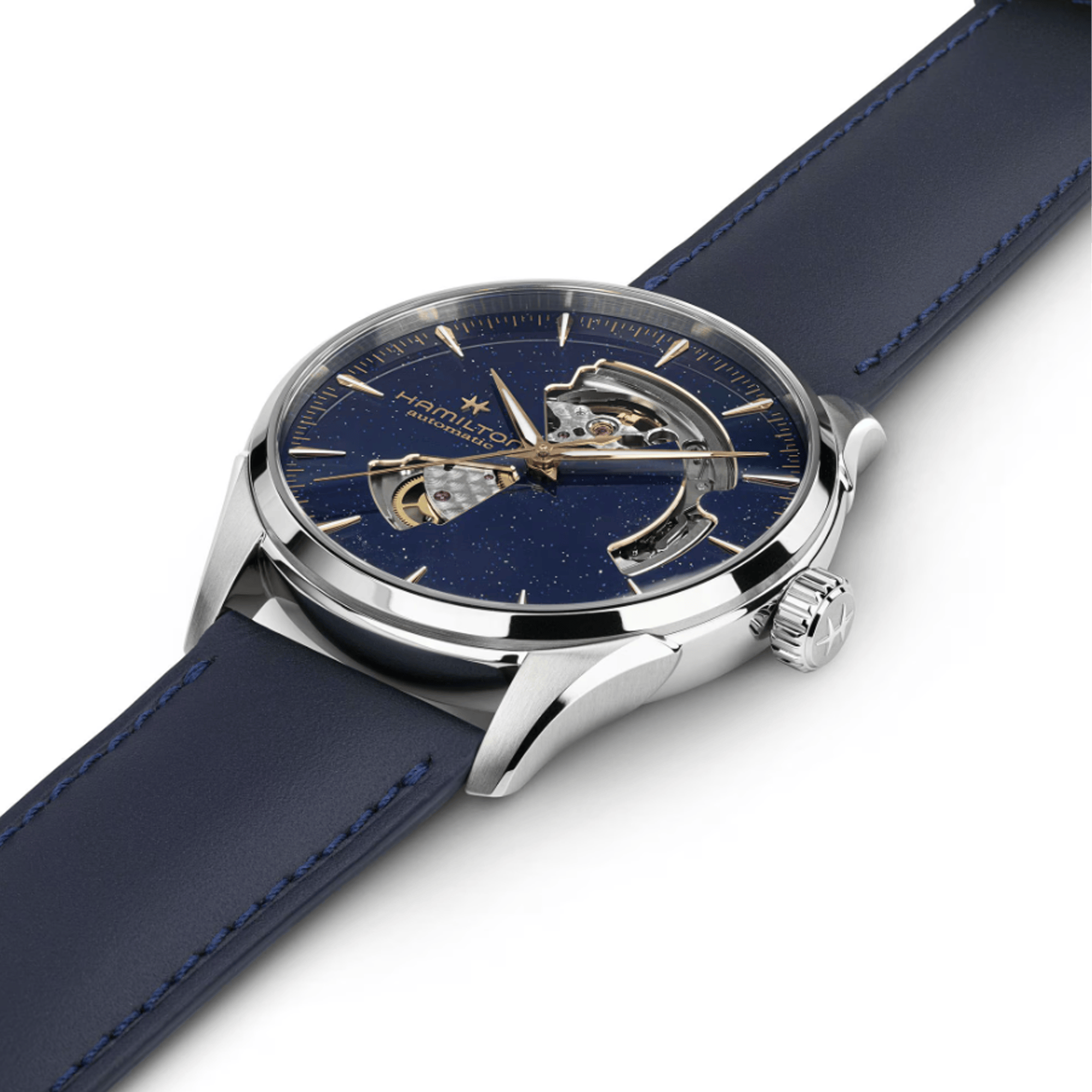 A Hamilton Jazzmaster Men's 42mm automatic watch with a midnight blue dial and a blue leather strap.