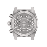 Back of case - Tissot PRS 516 Men's 40mm quartz chronograph watch featuring stainless steel bracelet, black dial, Tachymeter Bezel, and Date Display.