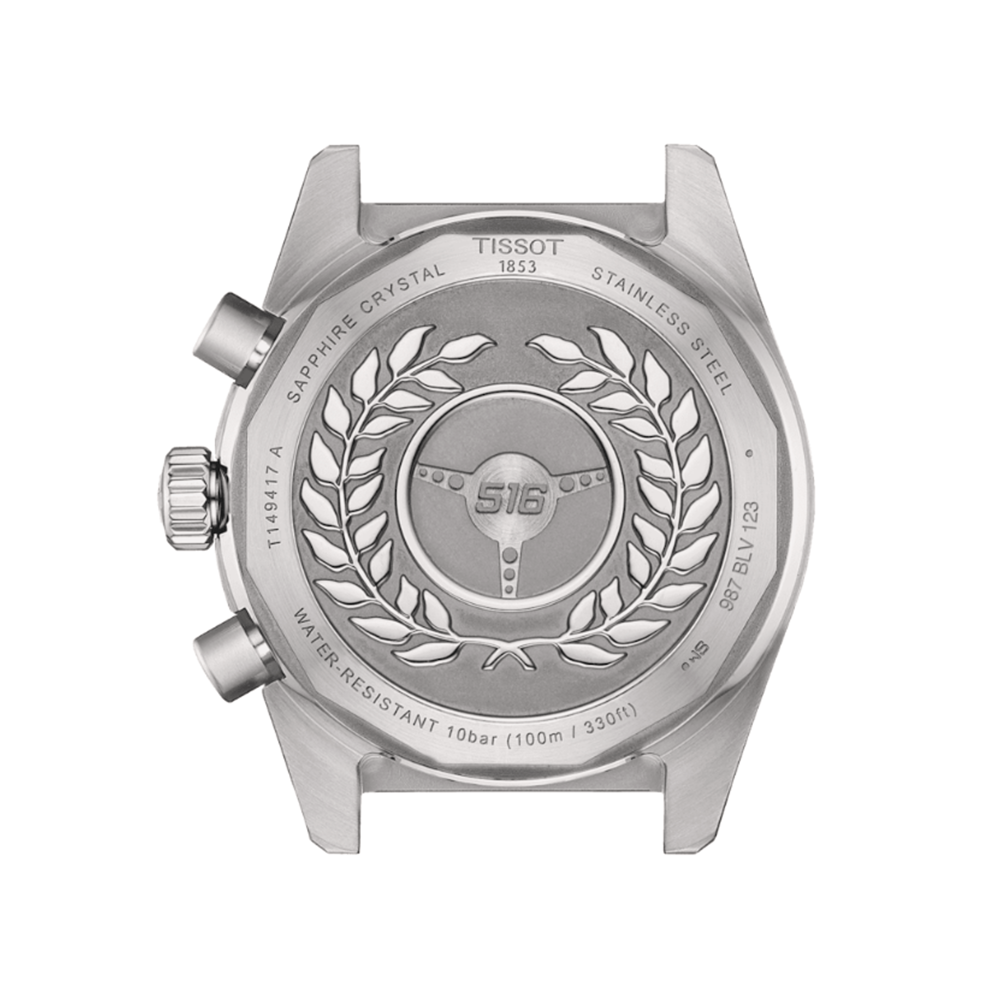 Back of case - Tissot PRS 516 Men's 40mm quartz chronograph watch featuring stainless steel bracelet, black dial, Tachymeter Bezel, and Date Display.