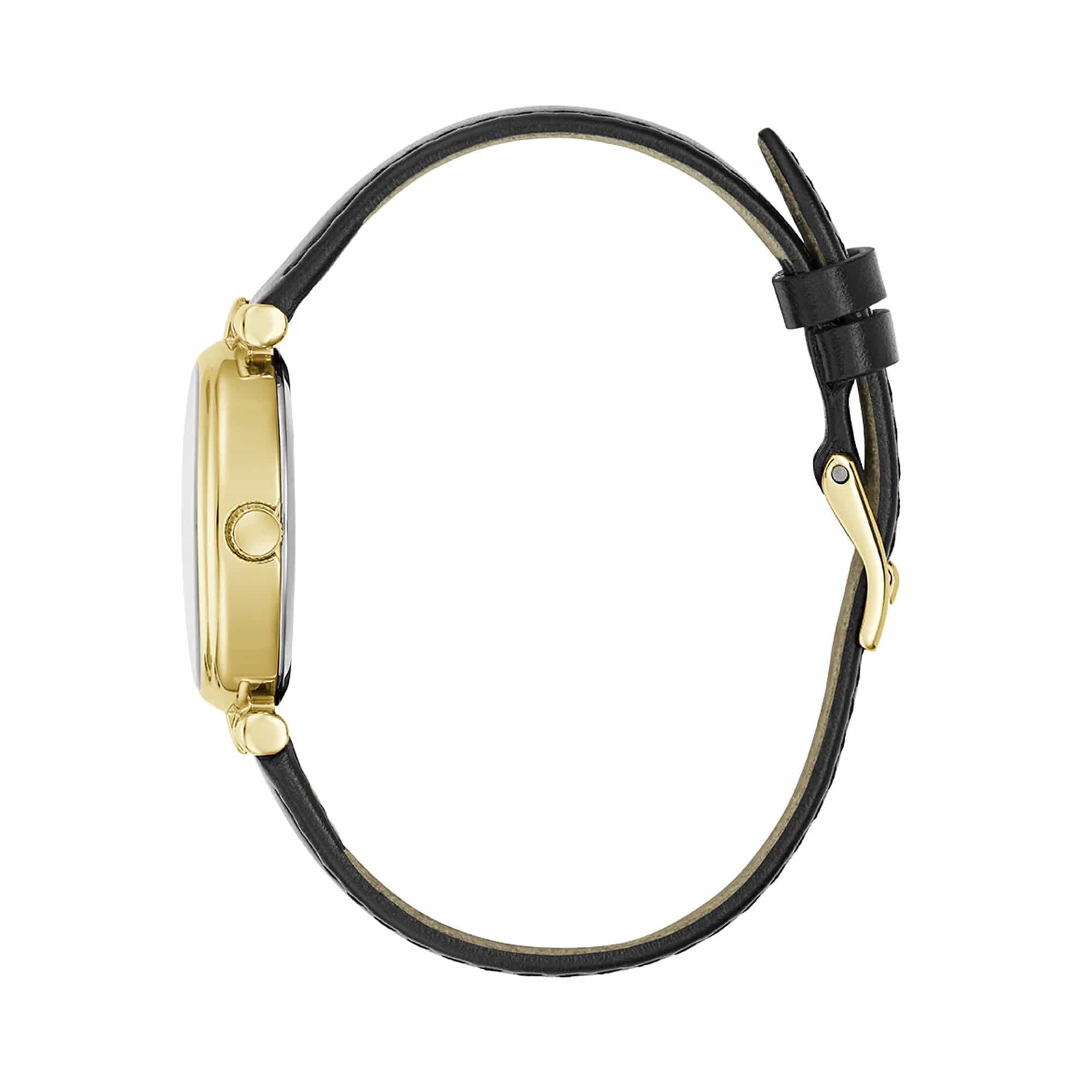 Viewed from the side, the watch reveals the depth of its gold-tone stainless steel case alongside the black leather strap. The pairing creates a refined, tailored silhouette.