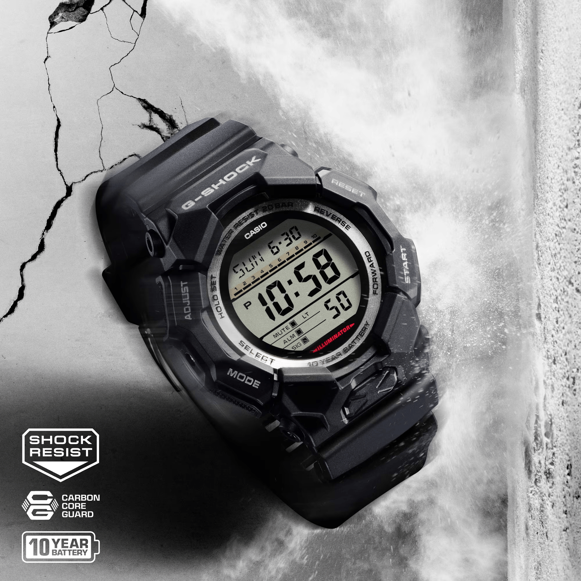 Casio G-SHOCK GD010-1DR digital watch featuring black bio-based resin band and case, LCD display, LED backlight, and shock-resistant design.