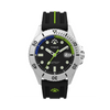 The Timex Expedition North Anchorage TW2W41700 features a black dial with blue and lime accents and a ratcheting bezel. The date magnifier sits over the date window for easier reading.