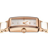 Side Profile of a Rado watch with rose gold and white ceramic band and mother of pearl dial