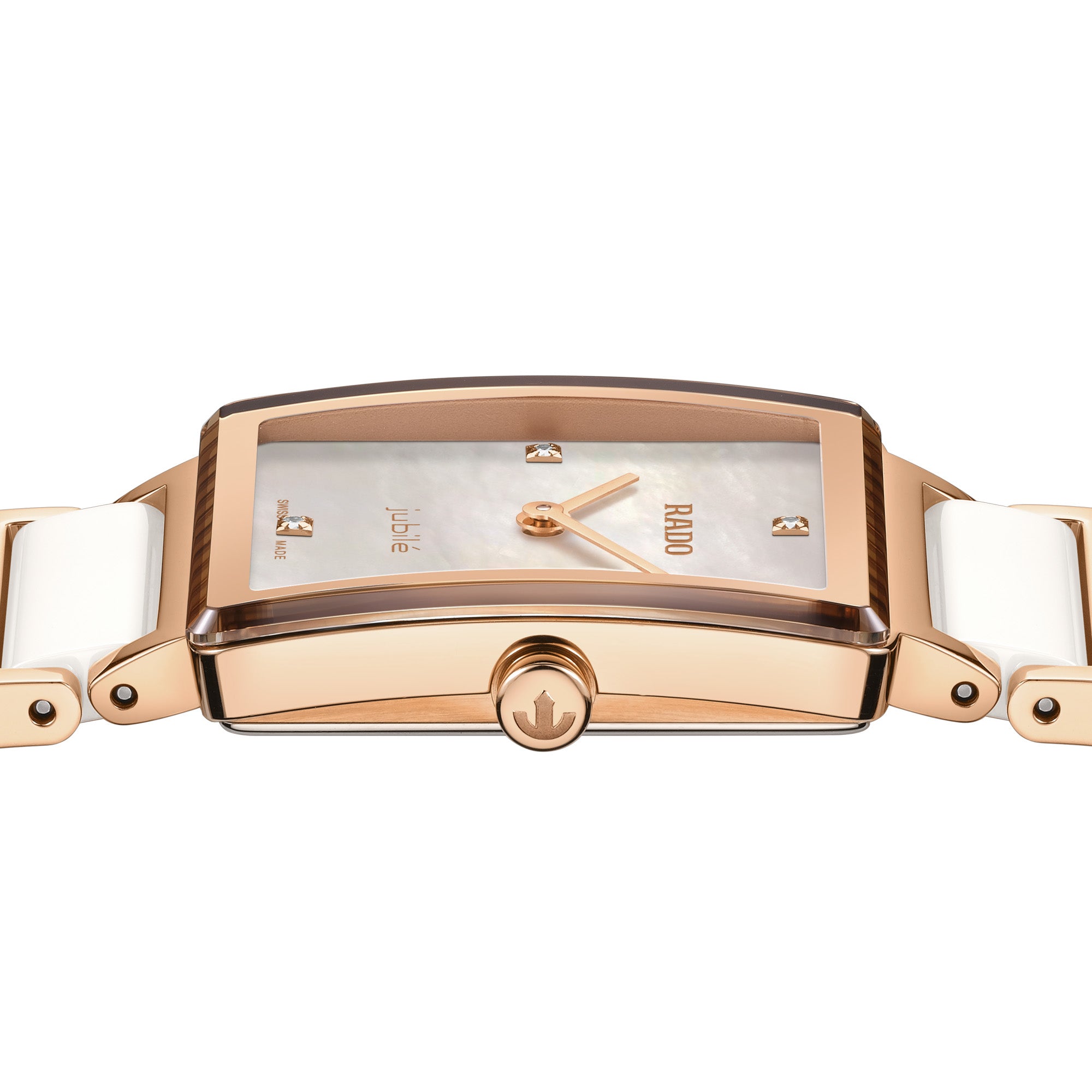 Side Profile of a Rado watch with rose gold and white ceramic band and mother of pearl dial